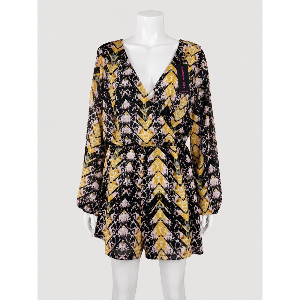 Material Girl Long Sleeve Romper Yellow Pink Black Chevron Print XL Boho Chic